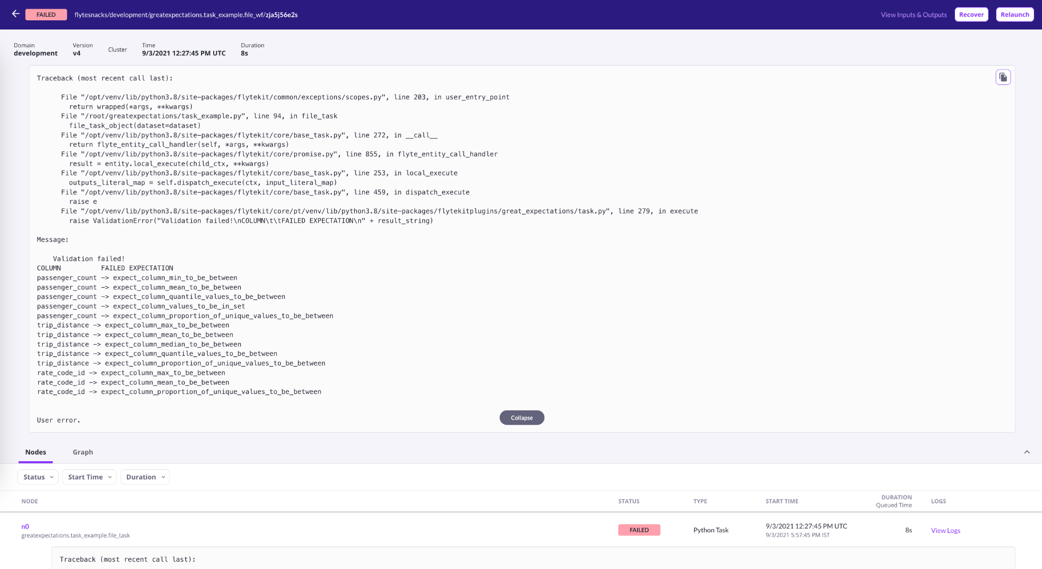 Figure: Validation failure message on the Flyte console